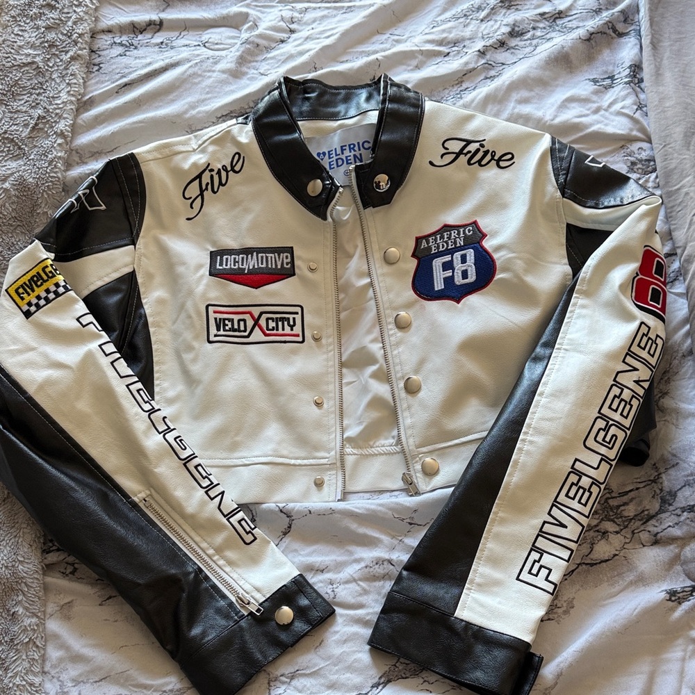 Aelfric Eden White and Black Racing Patch Leather Jacket